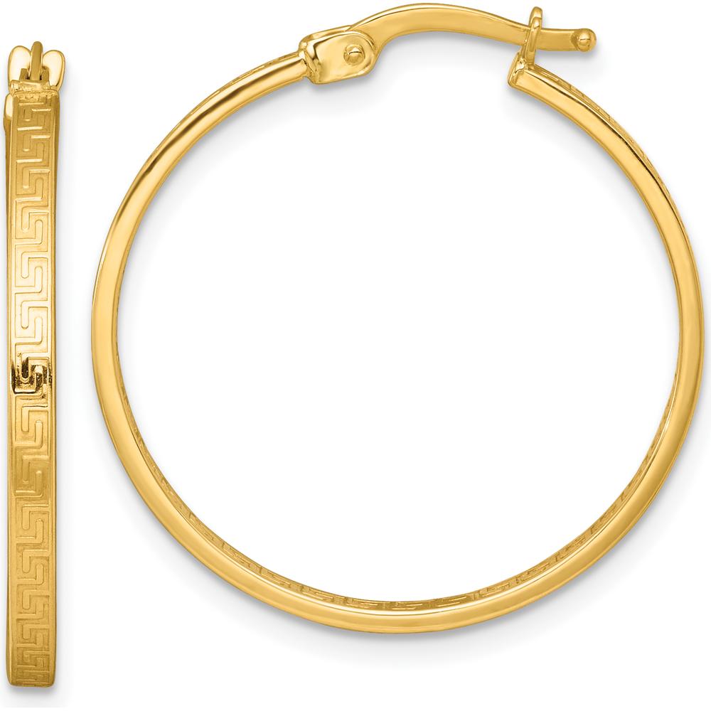 10K Yellow Gold Polished Greek Key In/Out Square Tube Hoop Earrings - 28.5mm Length