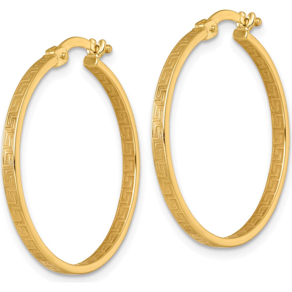 10K Yellow Gold Polished Greek Key In/Out Square Tube Hoop Earrings - 28.5mm Length