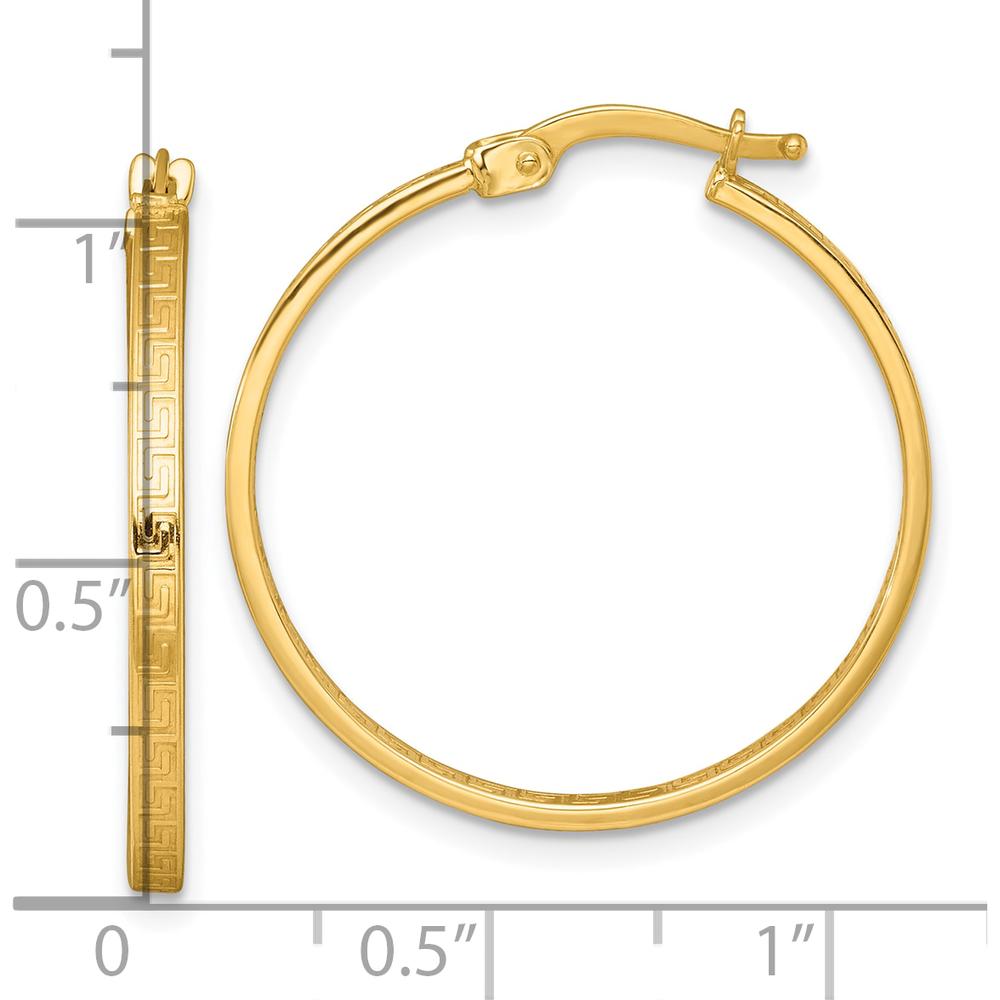 10K Yellow Gold Polished Greek Key In/Out Square Tube Hoop Earrings - 28.5mm Length