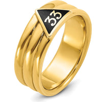 10K Yellow Gold Polished Grooved Men's Masonic Ring with Black Enamel - Active 33rd Degree Symbol by IBGoodman
