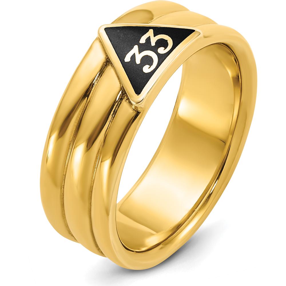 10K Yellow Gold Polished Grooved Men's Masonic Ring with Black Enamel - Active 33rd Degree Symbol by IBGoodman