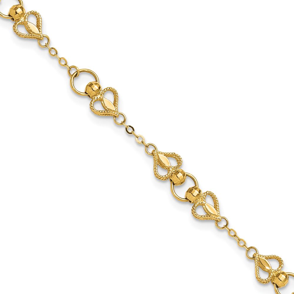 10K Yellow Gold Polished Heart Station Bracelet - 7.5in Length