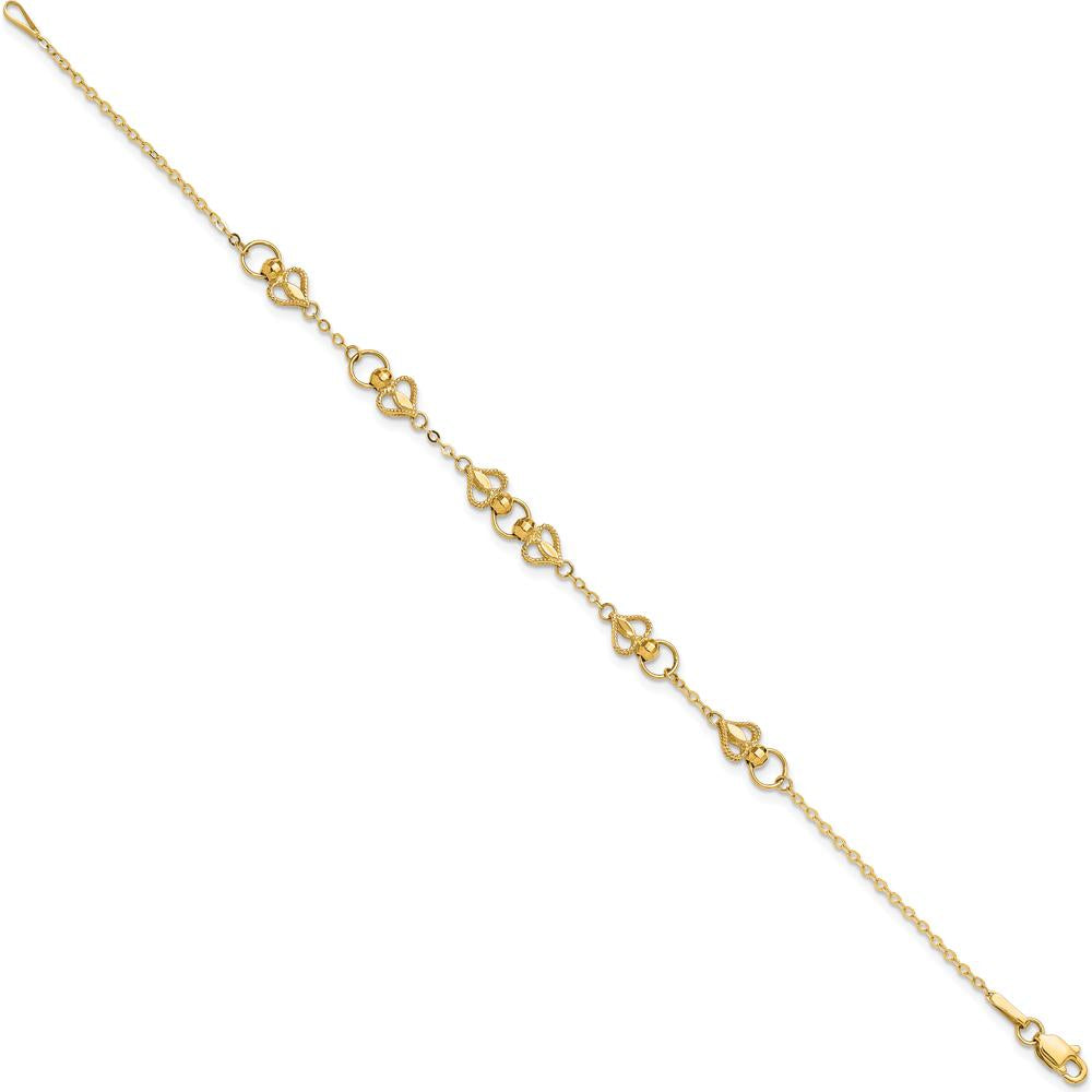 10K Yellow Gold Polished Heart Station Bracelet - 7.5in Length
