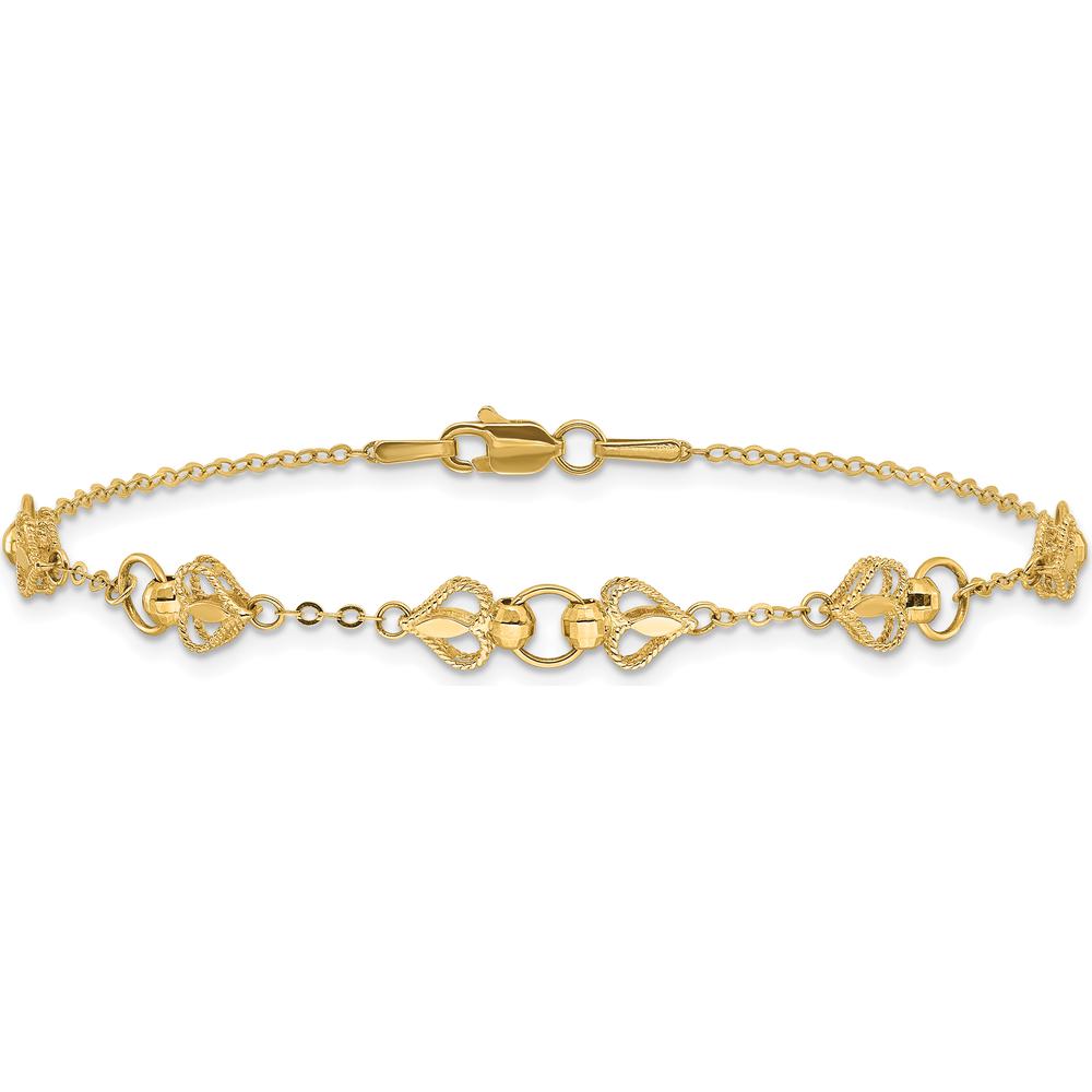 10K Yellow Gold Polished Heart Station Bracelet - 7.5in Length