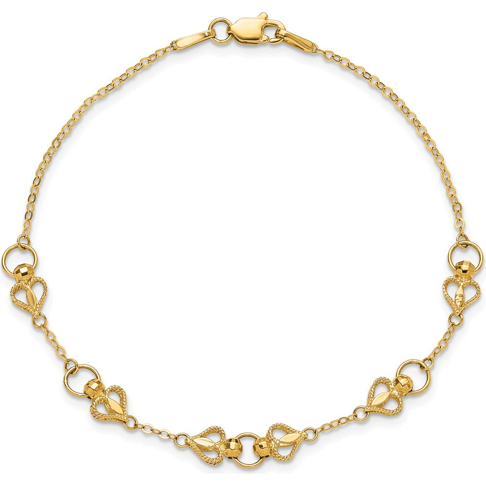 10K Yellow Gold Polished Heart Station Bracelet - 7.5in Length