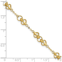 10K Yellow Gold Polished Heart Station Bracelet - 7.5in Length