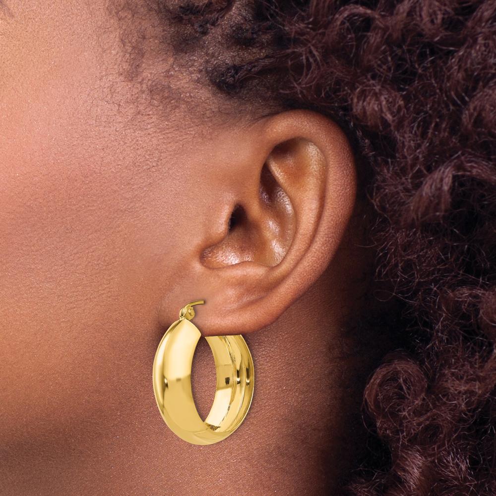10K Yellow Gold Polished Hoop Earrings - 14mm Length, 7mm Width