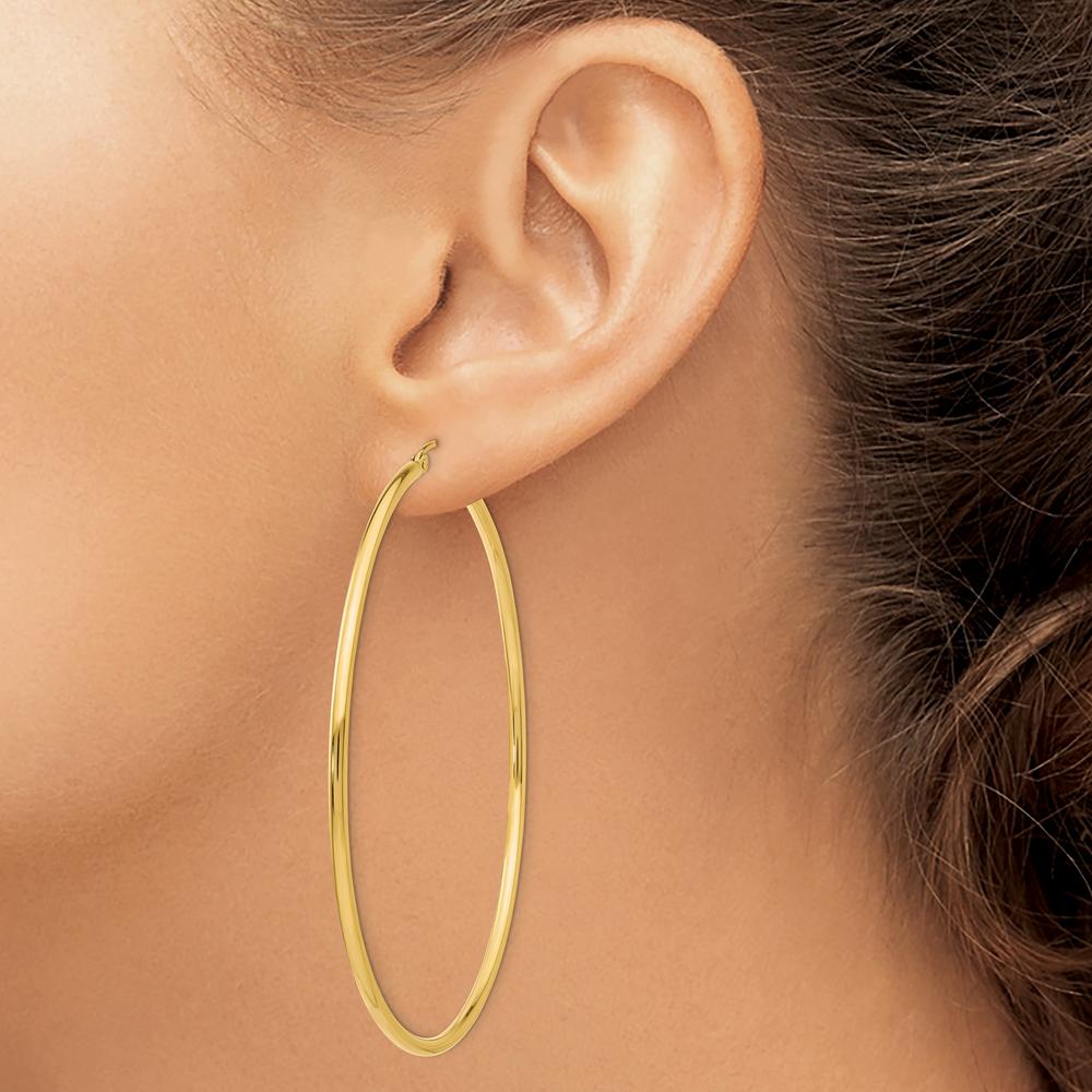 10K Yellow Gold Polished Large Hoop Earrings - 60mm Length, 2.5mm Thickness