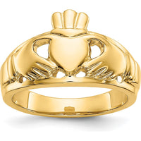 10K Yellow Gold Polished Men's Claddagh Ring with Tapered Band - 20mm Length and 13mm Width