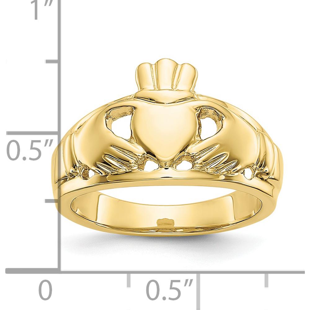 10K Yellow Gold Polished Men's Claddagh Ring with Tapered Band - 20mm Length and 13mm Width