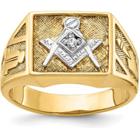 10K Yellow Gold Polished Men's Diamond Masonic Ring with White Rhodium and Round Diamond - 0.02 Carats Total Diamond Weight by IBGoodman