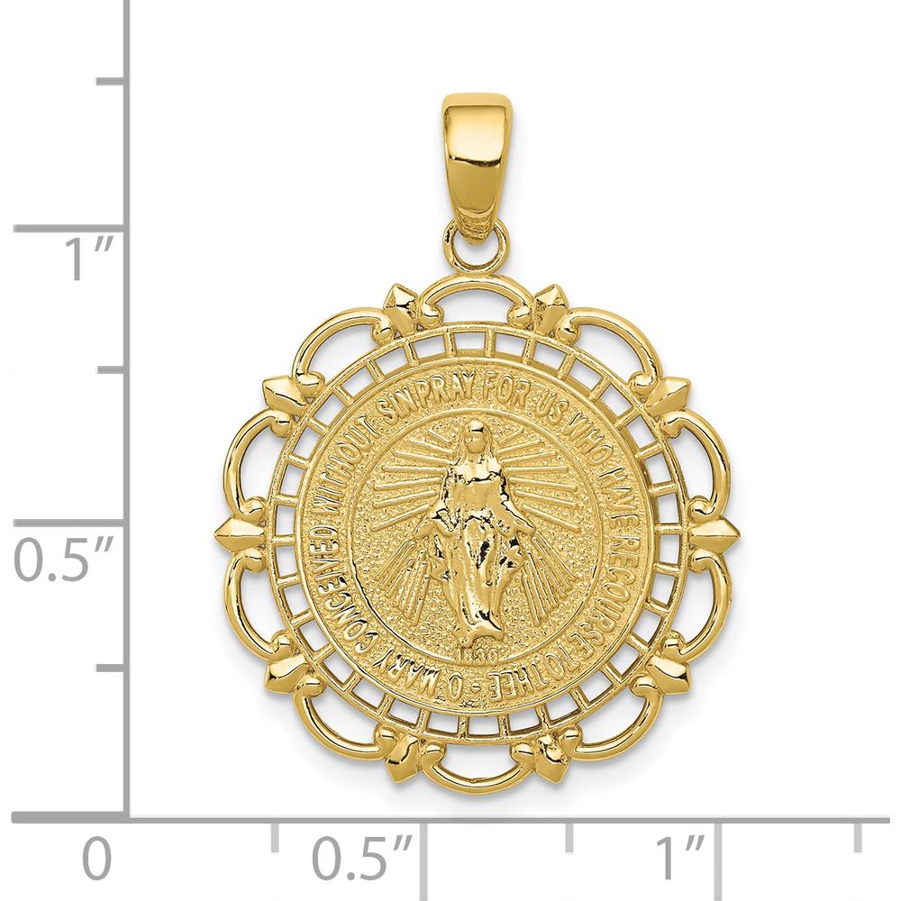 10K Yellow Gold Polished Miraculous Medal with Scallop Frame Pendant - 30.3mm Length