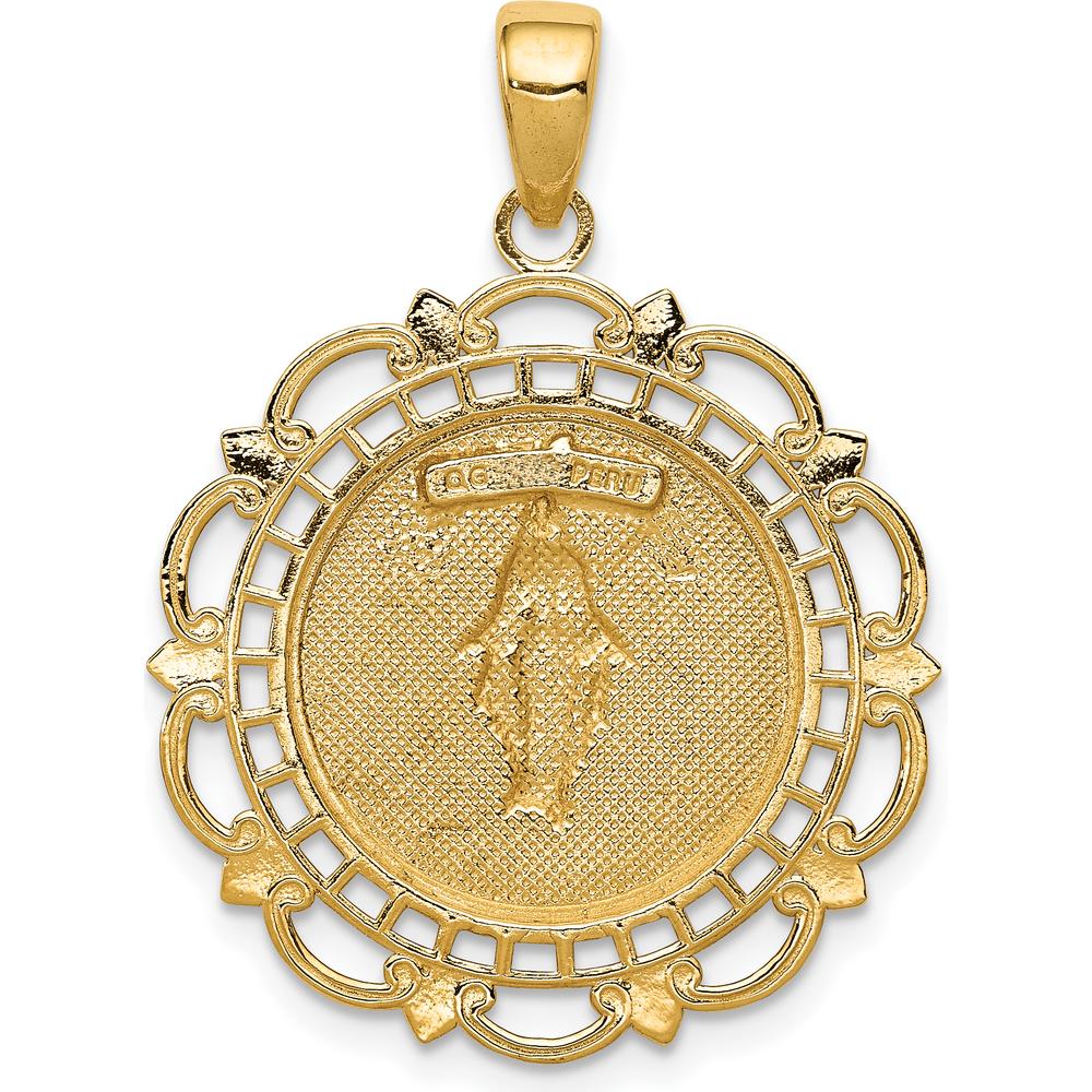 10K Yellow Gold Polished Miraculous Medal with Scallop Frame Pendant - 30.3mm Length