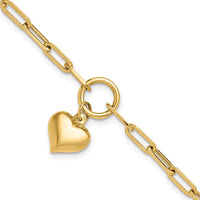 10K Yellow Gold Polished Puff Heart Paperclip Link Bracelet - 7.25" Length