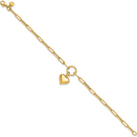 10K Yellow Gold Polished Puff Heart Paperclip Link Bracelet - 7.25" Length