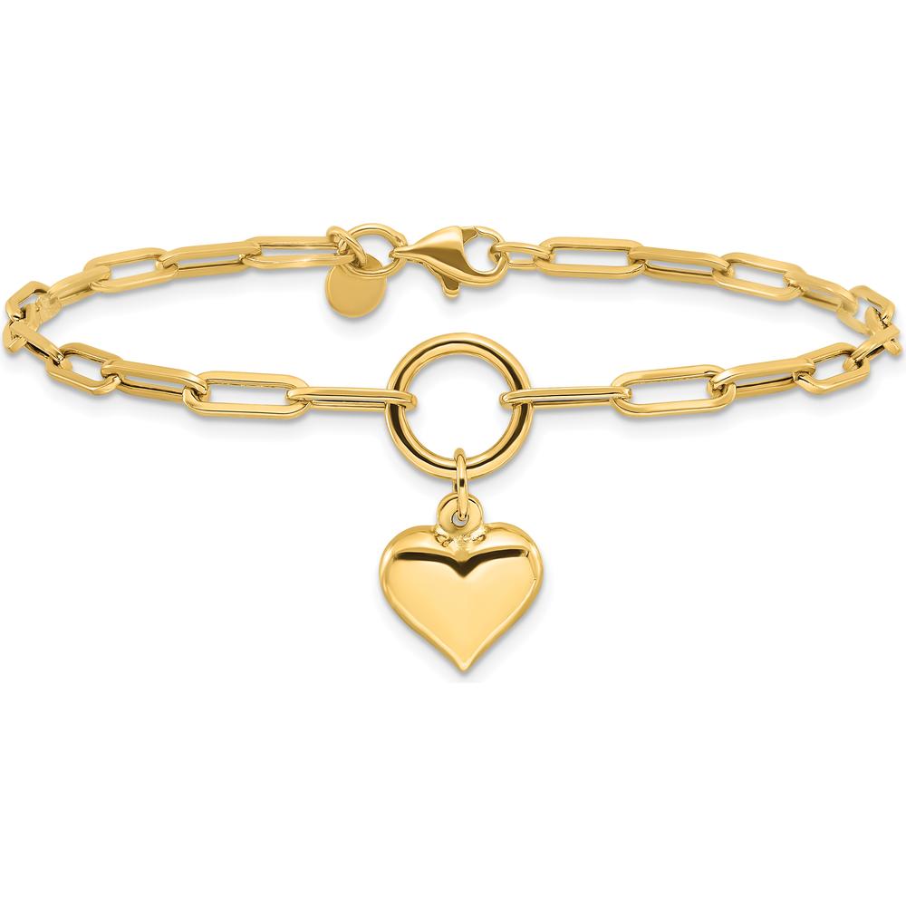 10K Yellow Gold Polished Puff Heart Paperclip Link Bracelet - 7.25" Length