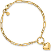 10K Yellow Gold Polished Puff Heart Paperclip Link Bracelet - 7.25" Length