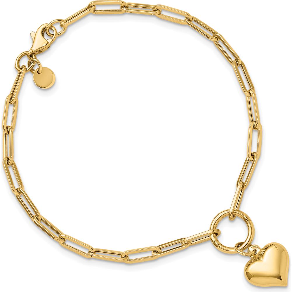 10K Yellow Gold Polished Puff Heart Paperclip Link Bracelet - 7.25" Length