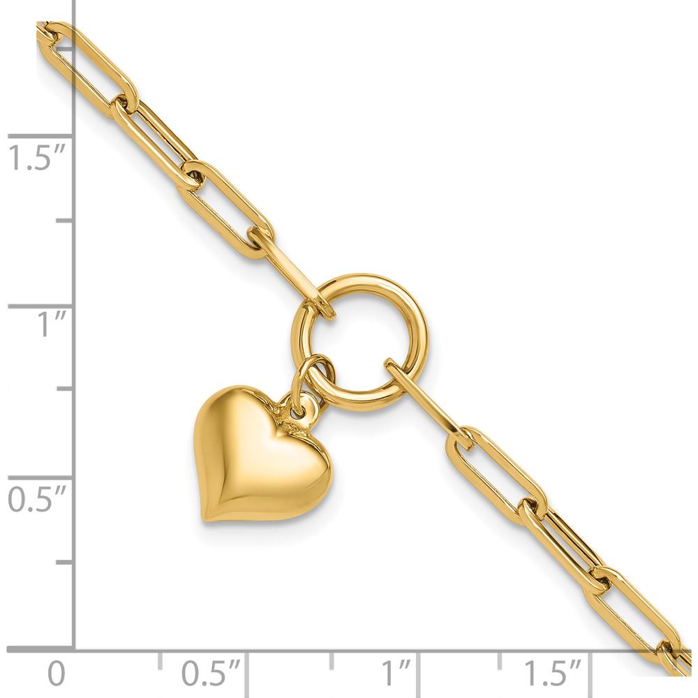 10K Yellow Gold Polished Puff Heart Paperclip Link Bracelet - 7.25" Length