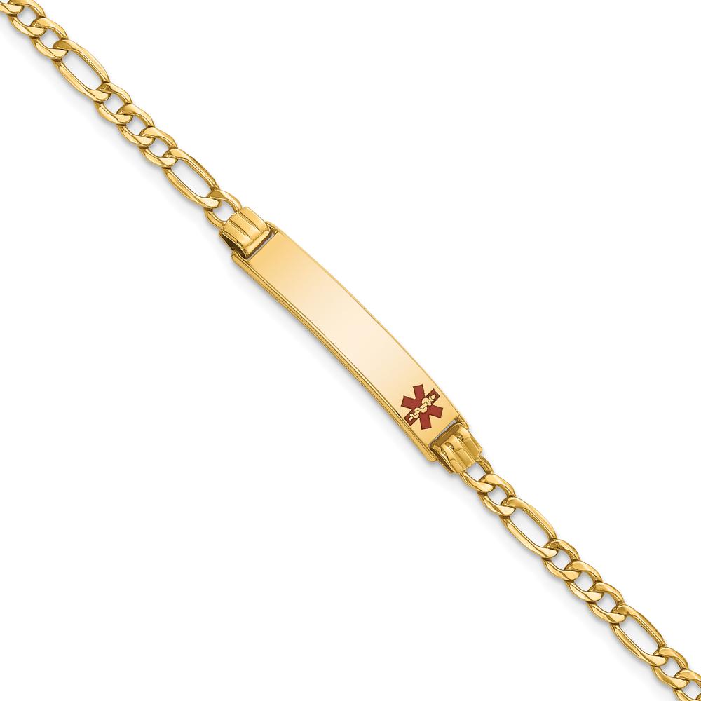 10K Yellow Gold Polished Red Enamel Figaro Medical Alert Bracelet - Engravable, 8"