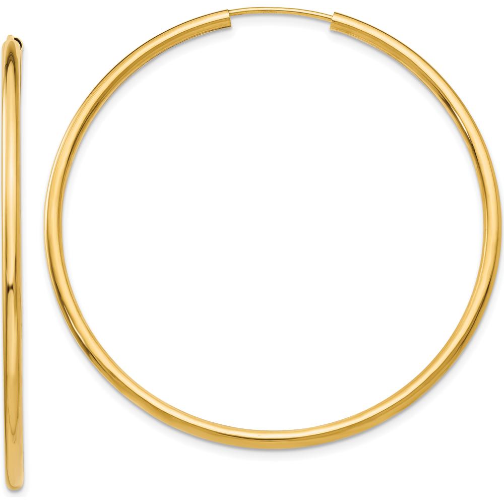 10K Yellow Gold Polished Round Endless 2mm Hoop Earrings - 50mm Diameter
