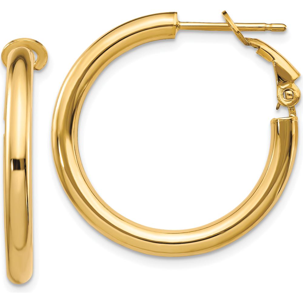 10K Yellow Gold Polished Round Hoop Earrings with Omega Back - 25mm Diameter