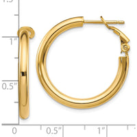 10K Yellow Gold Polished Round Hoop Earrings with Omega Back - 25mm Diameter
