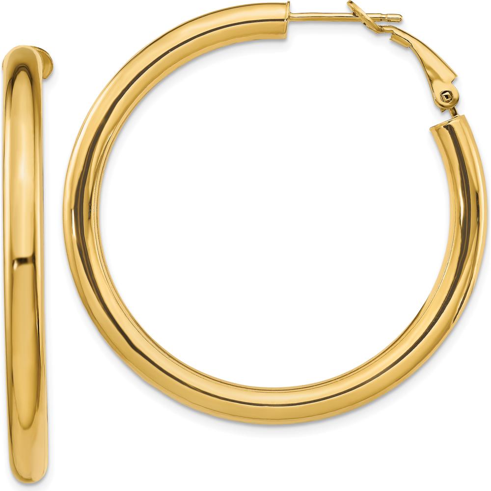10K Yellow Gold Polished Round Hoop Earrings with Omega Clip Back - 4mm Width, 44.5mm Length