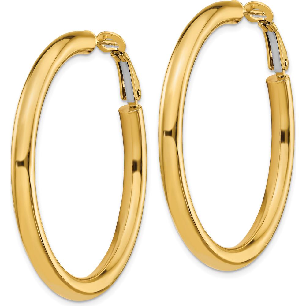 10K Yellow Gold Polished Round Hoop Earrings with Omega Clip Back - 4mm Width, 44.5mm Length