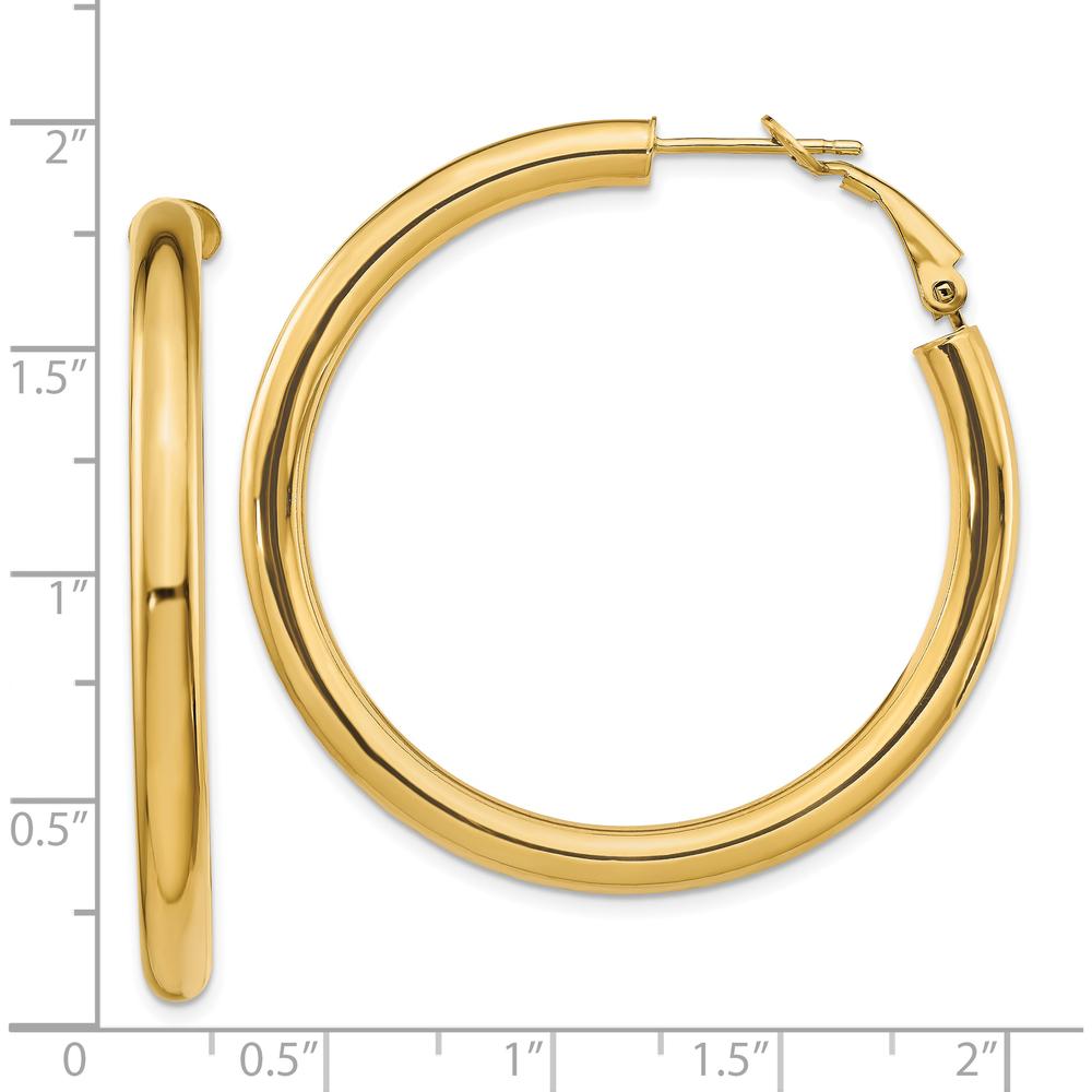 10K Yellow Gold Polished Round Hoop Earrings with Omega Clip Back - 4mm Width, 44.5mm Length