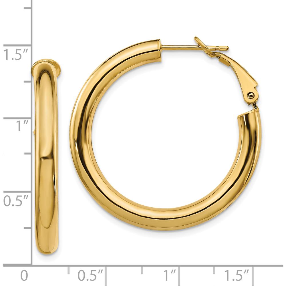 10K Yellow Gold Polished Round Omega Back Hoop Earrings - 33.5mm Length