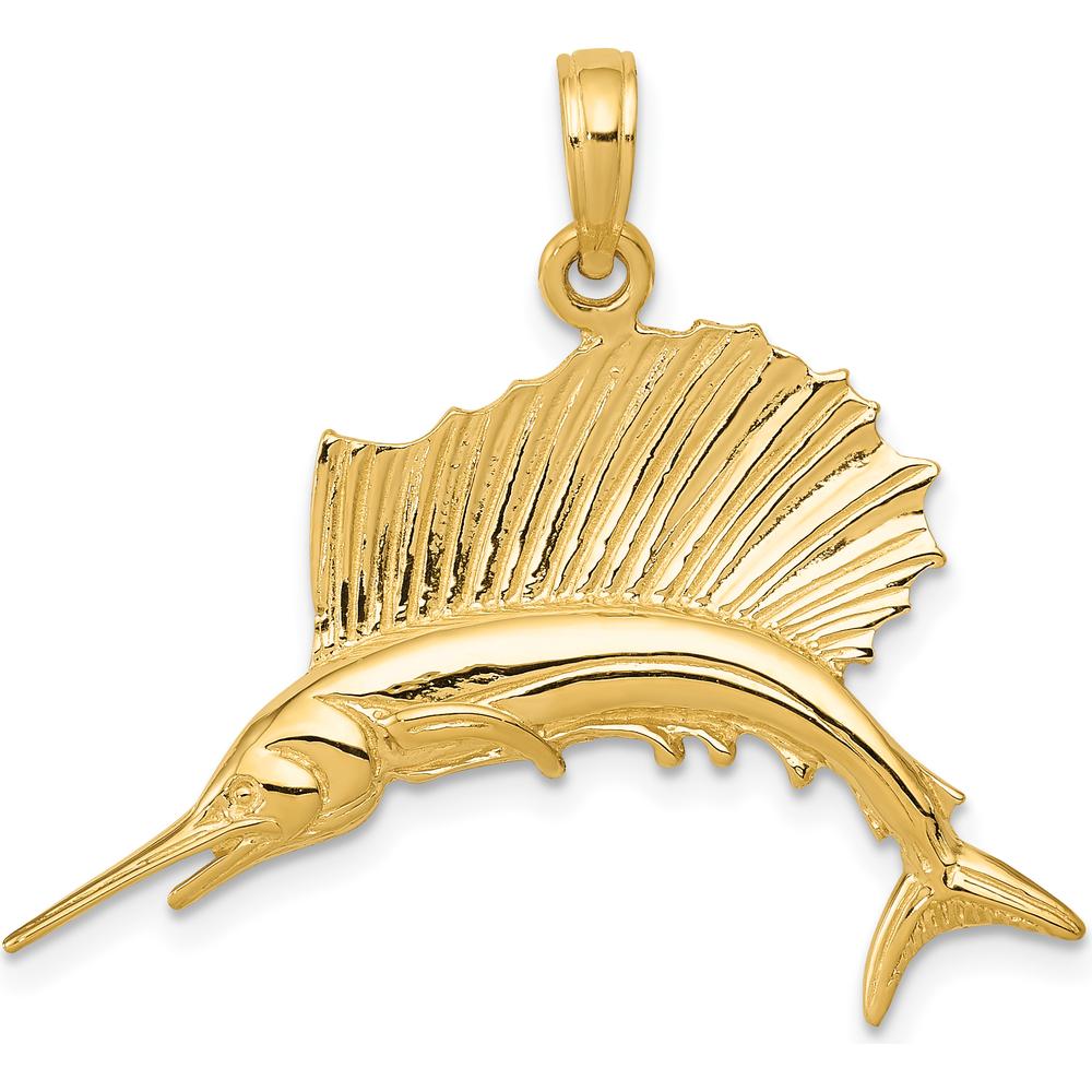 10K Yellow Gold Polished Sailfish Pendant - 29mm x 30mm