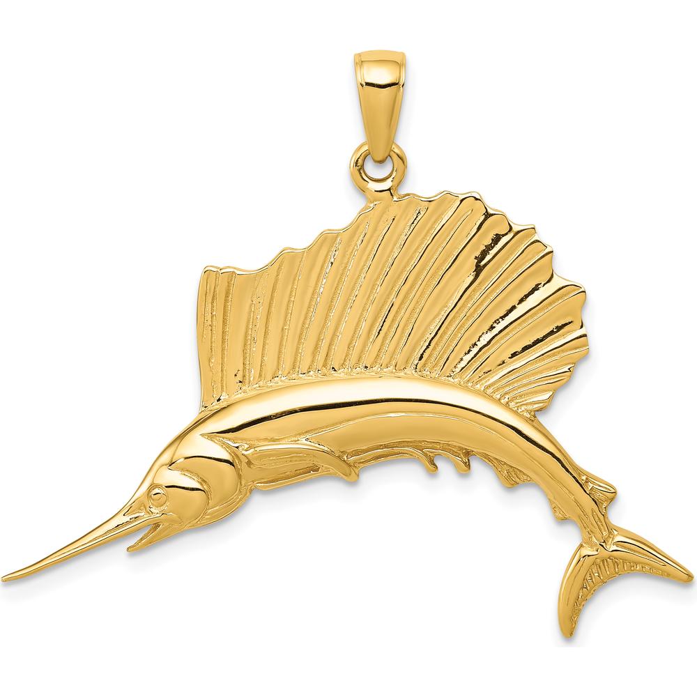 10K Yellow Gold Polished Sailfish Pendant - 37mm x 45mm
