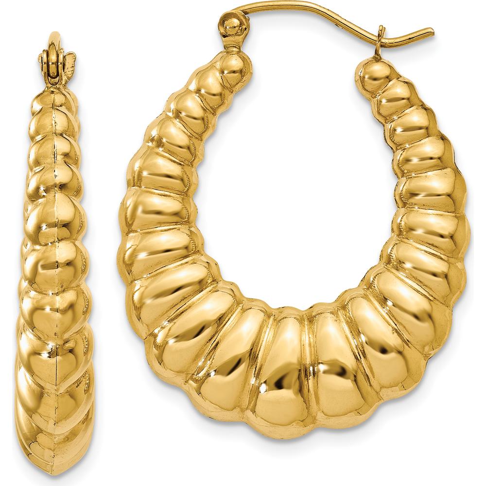 10K Yellow Gold Polished Scalloped Hoop Earrings - 13mm Length