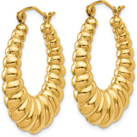 10K Yellow Gold Polished Scalloped Hoop Earrings - 13mm Length