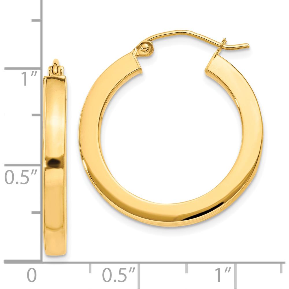 10K Yellow Gold Polished Square Hoop Earrings - 3mm Width and 26.33mm Length