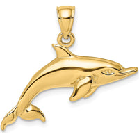 10K Yellow Gold Polished Swimming Dolphin Charm - Solid, 16.6mm x 29.7mm
