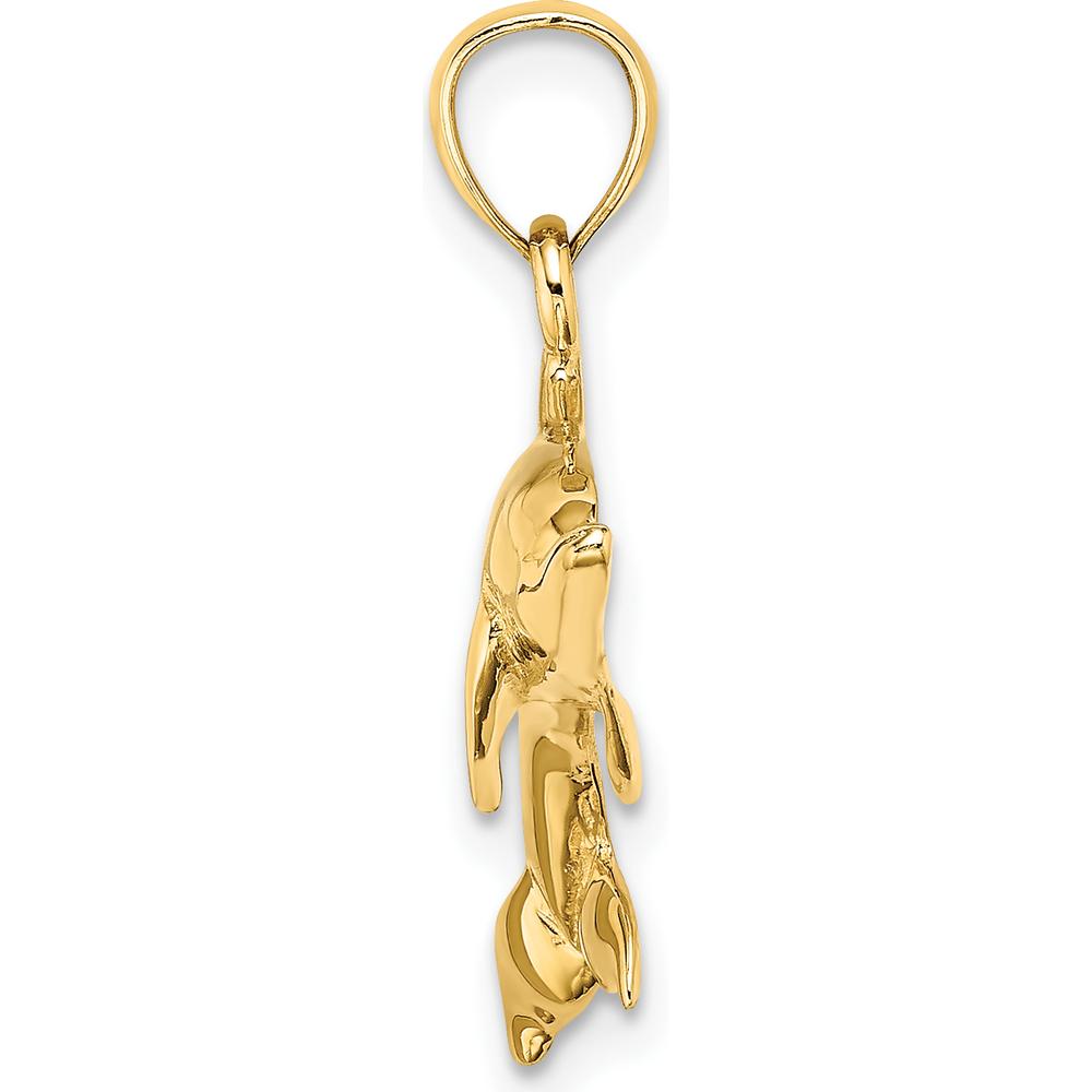 10K Yellow Gold Polished Swimming Dolphin Charm - Solid, 16.6mm x 29.7mm