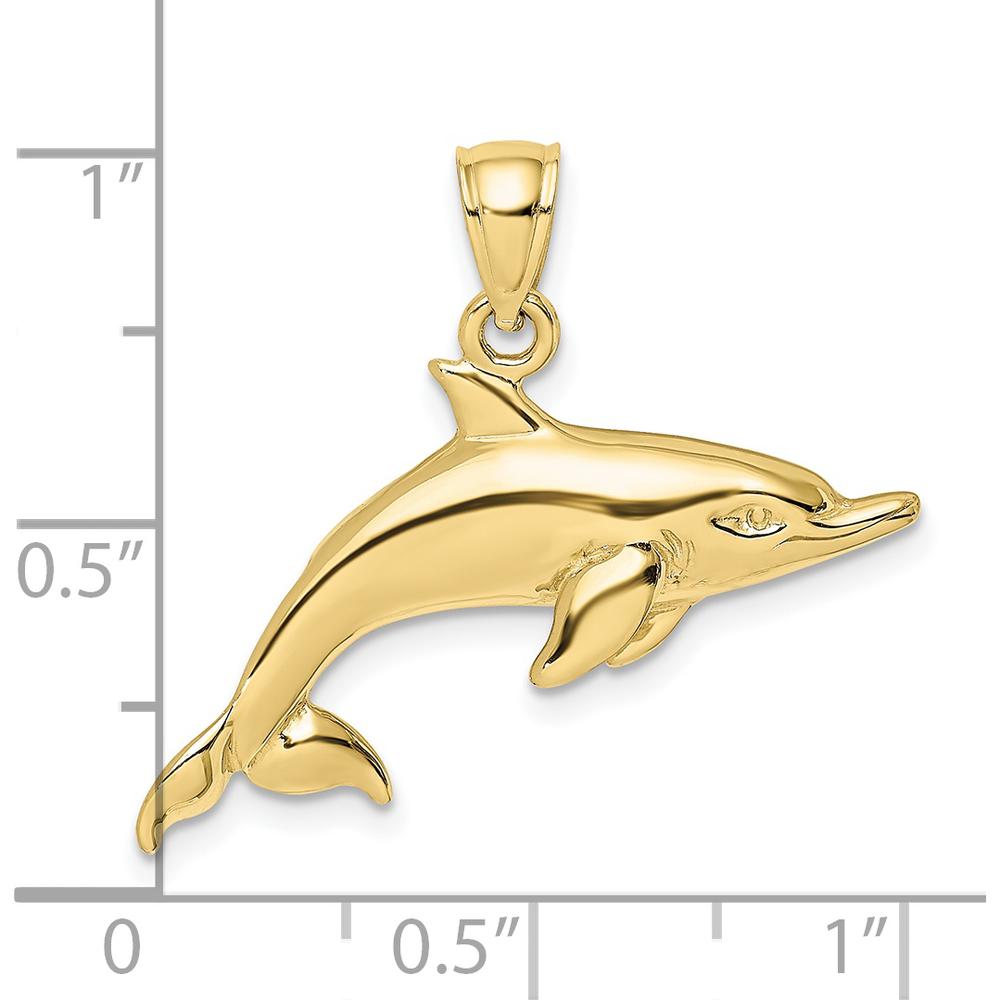 10K Yellow Gold Polished Swimming Dolphin Charm - Solid, 16.6mm x 29.7mm