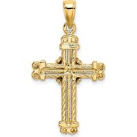 10K Yellow Gold Polished Textured Cross Pendant - 36mm Length, 19mm Width