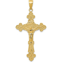 10K Yellow Gold Polished Textured INRI Crucifix Fleur de Lis Pendant - 45mm