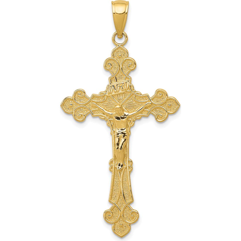 10K Yellow Gold Polished Textured INRI Crucifix Fleur de Lis Pendant - 45mm