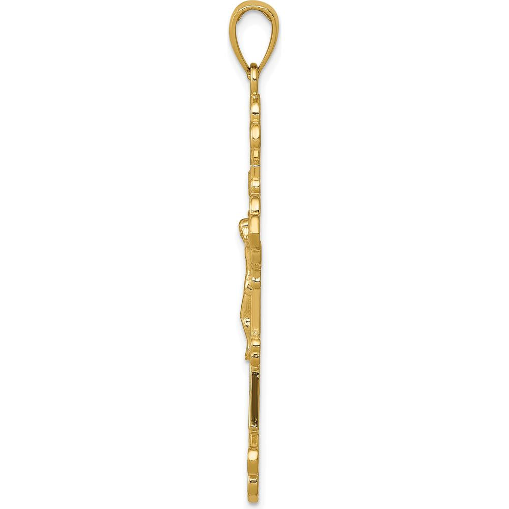 10K Yellow Gold Polished Textured INRI Crucifix Fleur de Lis Pendant - 45mm