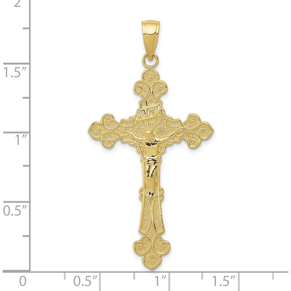 10K Yellow Gold Polished Textured INRI Crucifix Fleur de Lis Pendant - 45mm