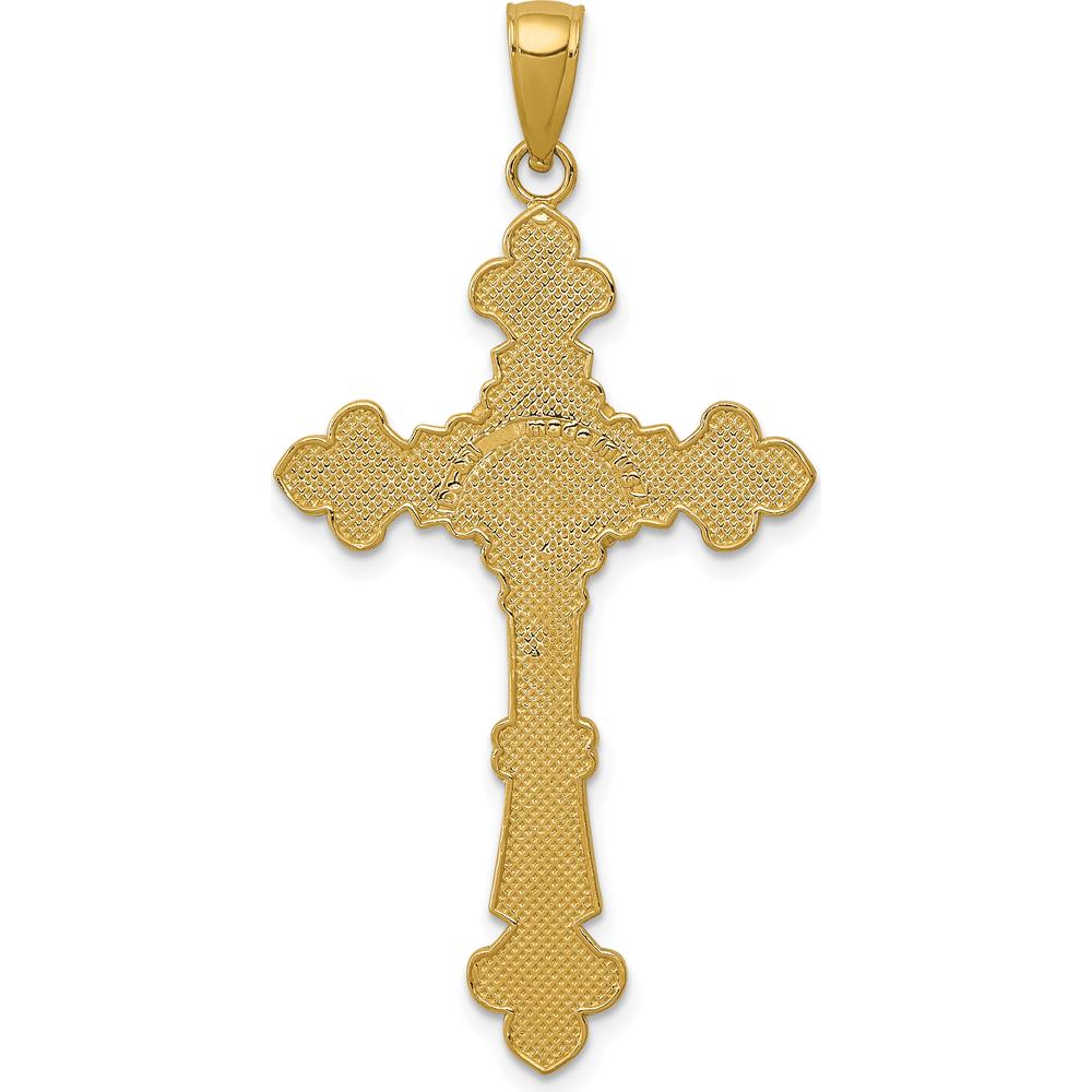 10K Yellow Gold Polished Textured INRI Crucifix Fleur de Lis Pendant - 45mm