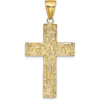 10K Yellow Gold Polished Textured Nugget Style Cross Pendant - 40.5mm Length, 21mm Width