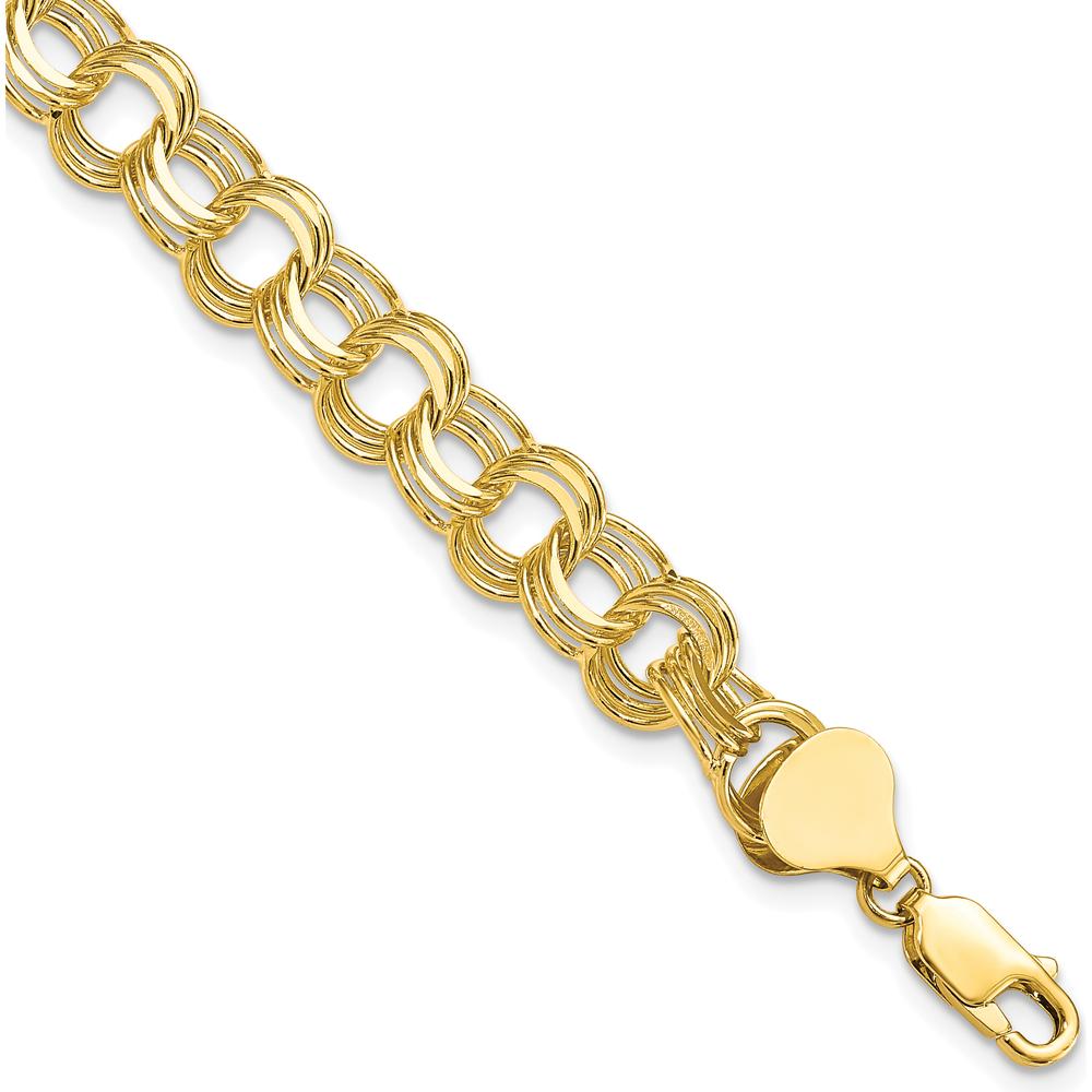 10K Yellow Gold Polished Triple Link Charm Bracelet - 7" Length