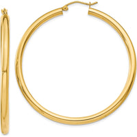 10K Yellow Gold Polished Tube Hoop Earrings - 45mm Length, 3mm Thickness