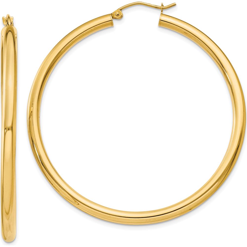 10K Yellow Gold Polished Tube Hoop Earrings - 45mm Length, 3mm Thickness