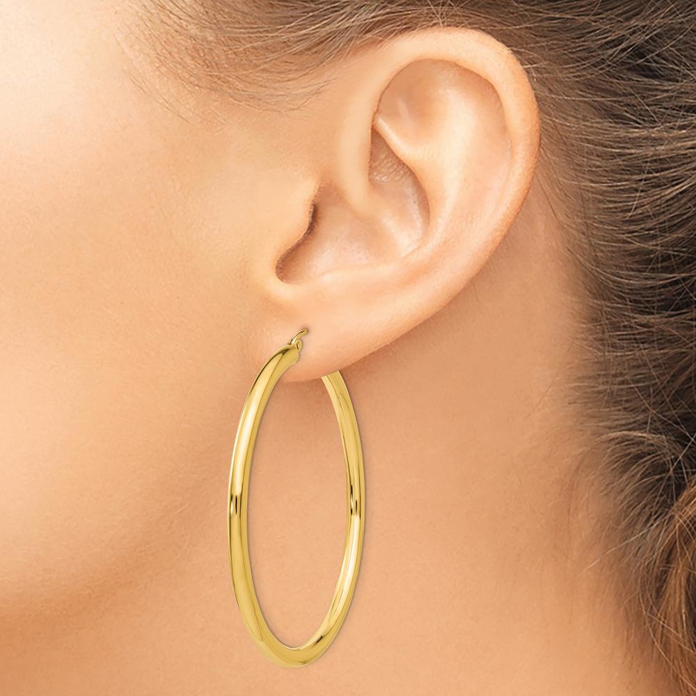 10K Yellow Gold Polished Tube Hoop Earrings - 45mm Length, 3mm Thickness